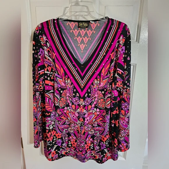 Bob Mackie Wearable Art Women’s 1X V-Neck Top Multicolor Abstract Floral Print - Picture 2 of 7